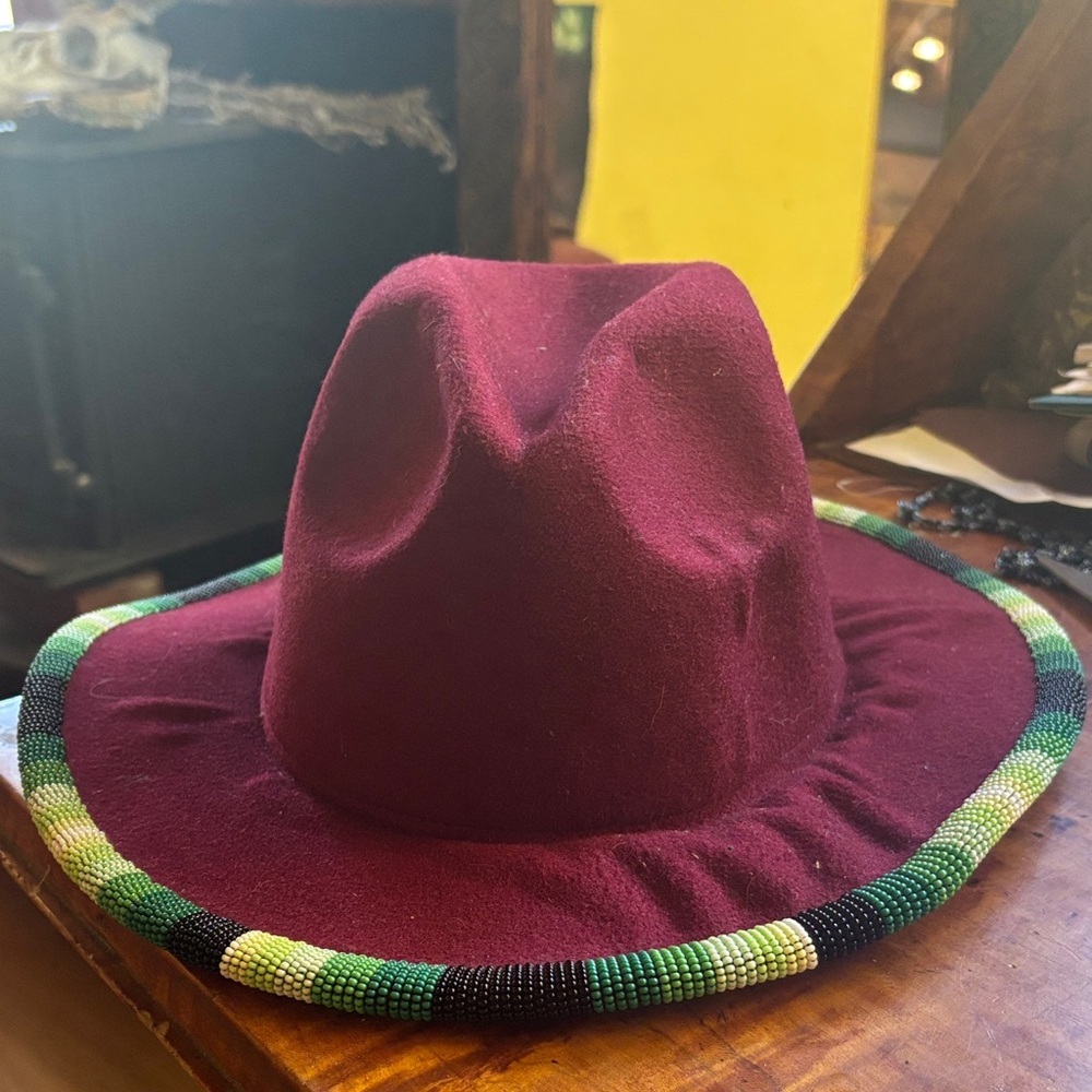 Burgundy Fedora with Beaded Trim